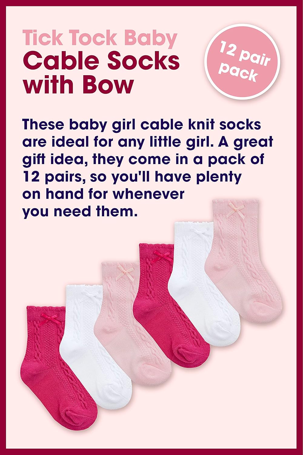 Sock Snob 12 Pairs Baby Socks with Bows Novelty Cotton Crew Knit Cable Socks