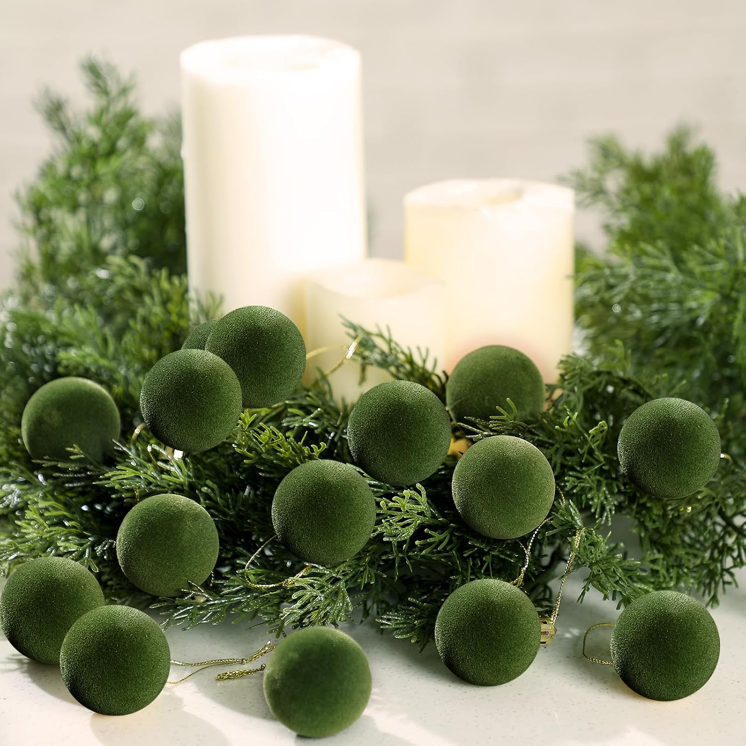 Liliful 15 Pcs Velvet Christmas Balls Bulk Flocked Christmas Tree Ball Ornaments Plastic Xmas Decorative Hanging Ornaments(Green,1.57 Inch)