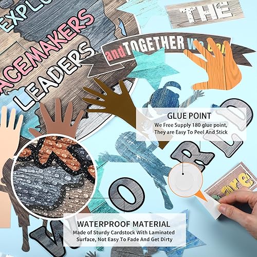 Miniatura 3 de 88 piezas de decoración de pared para el aula de One World Together, We Can Change The World, recortes de manos con recortes de estrellas para