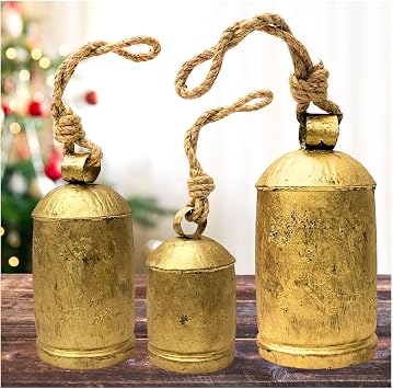 Giant Decorative Cow Bells Set of 3 Huge Christmas Bells for Decoration - XL Vintage Harmony Cowbells Rustic on Jute Rope Hanging Gold Tibetan Lucky Charm 6"-8"-10"