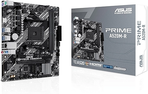 ASUS Placa-mãe Prime A520M-R AMD Ryzen AM4 mATX com suporte M.2, Realtek 1Gb Ethernet, HDMI, SATA 6Gbps, suporte USB 5Gbps traseiro e frontal, preto