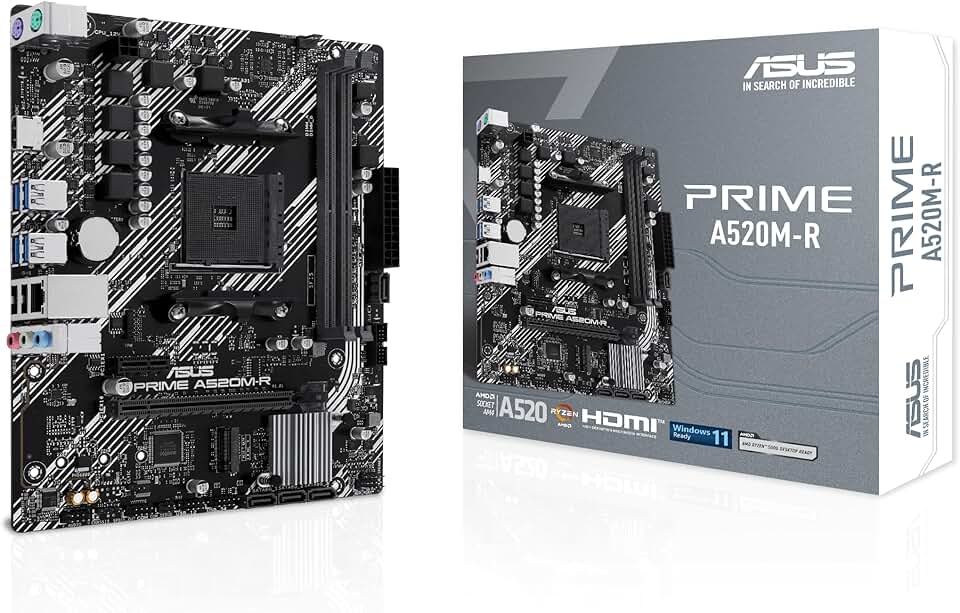 ASUS Placa-mãe Prime A520M-R AMD Ryzen AM4 mATX com suporte M.2, Realtek 1Gb Ethernet, HDMI, SATA 6Gbps, suporte USB 5Gbps traseiro e frontal, preto