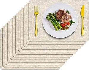 Placemats Set of 12 Washable, Heat Resistant Table Placemats Wipeable Faux Leather Place Mats Non Slip, Waterproof Square Table Mats for Indoor Outdoor, Beige