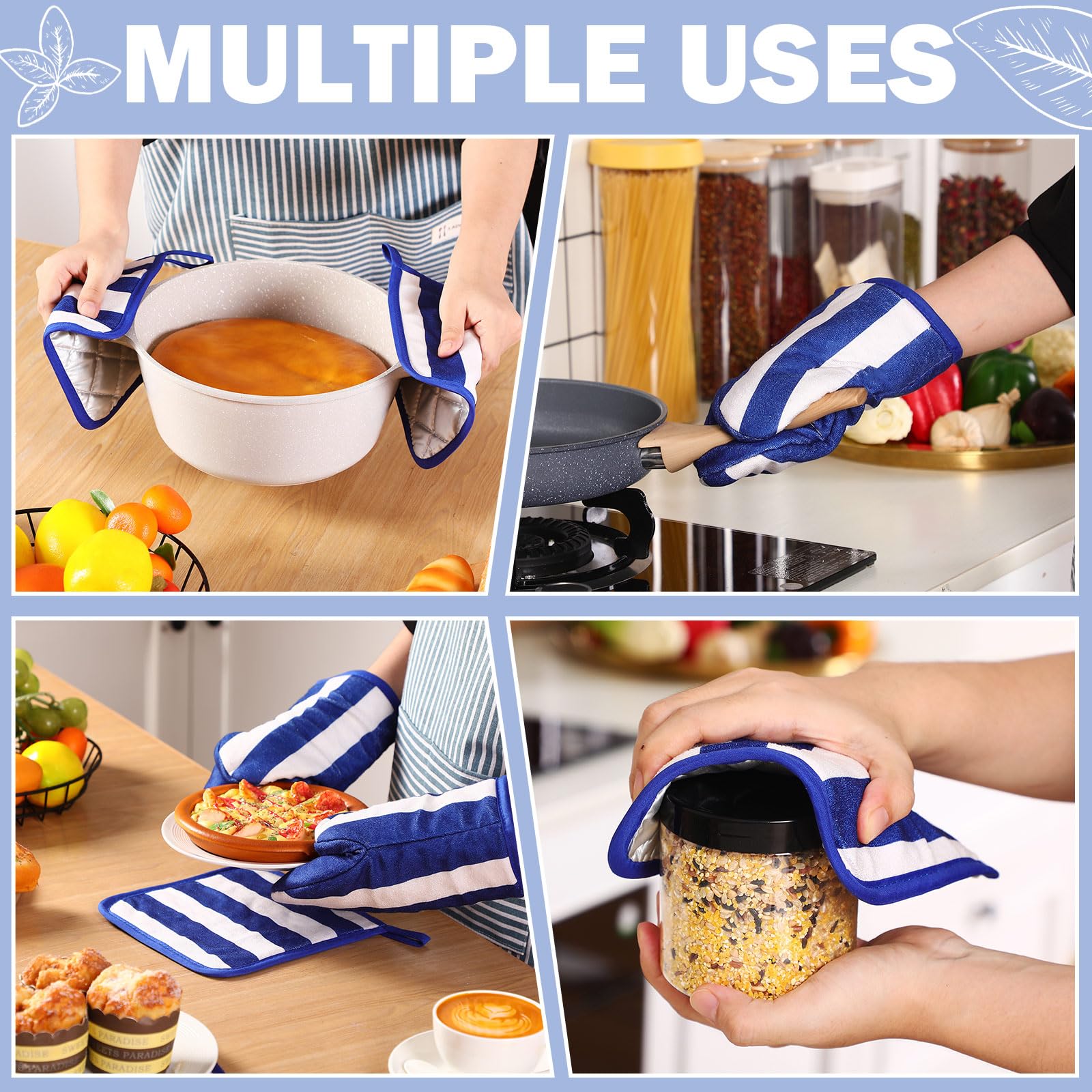 Reallnaive Juego de 4 manoplas de horno y soportes para ollas para cocina, guantes de horno de algodón a rayas, resistentes al calor, 260.0 °C, exteriores, interiores, jardín, hornear, cocinar