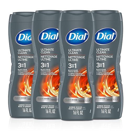 Dial Lavado 3 en 1 para cuerpo, cabello y cara para hombre, limpieza definitiva, 16 onzas líquidas, paquete de 4, aroma a madera ámbar, limpia
