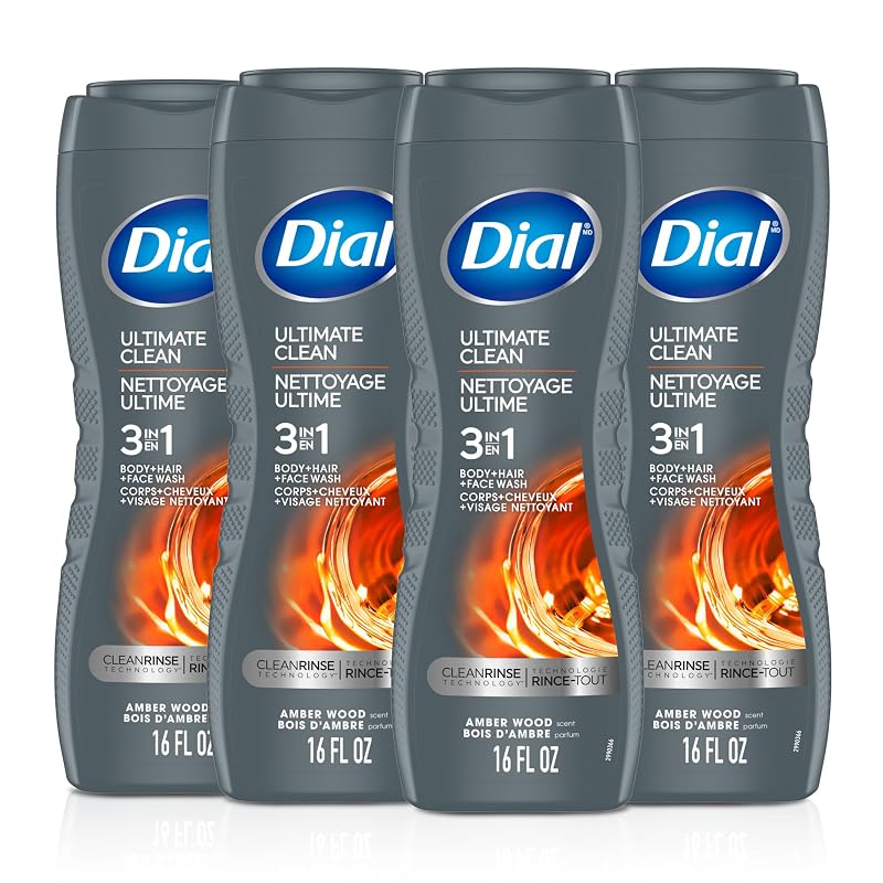 Sabonete líquido Dial Men 3 em 1 para corpo, cabelo e rosto Amber Wood, 4 unidades de 473 mL