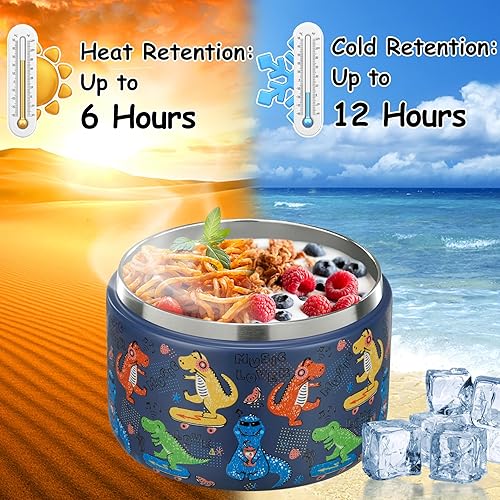 Miniatura 5 de 12oz Insulated Vacuum Food Jar with Buckle Lid Wide Mouth Soup Thermo for Hot Food Kids Leakproof Stainless Steel Lunch Container (Blue-Dinosaur)