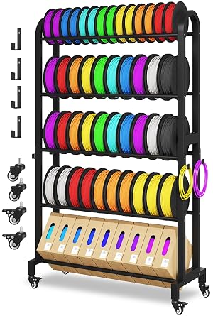3D Printer Filament Storage Rack with Wheels, 5-Tier Adjustable Metal Shelf Holds 40 Spools, Mobile Filament Organizer with Hooks for PLA ABS TPU, 3D Printing Workspace & Studio