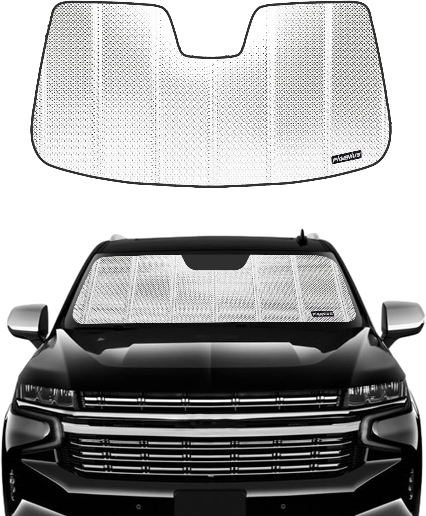 B Pigenius Windshield Sun Shade for 2021-2024 Chevrolet Suburban/Tahoe, 2021-2023 GMC Yukon/Yukon XL/Cadillac Escalade/Escalade ESV. 2024 Upgrade Reflective Aluminum Sunshade for Interior Protection