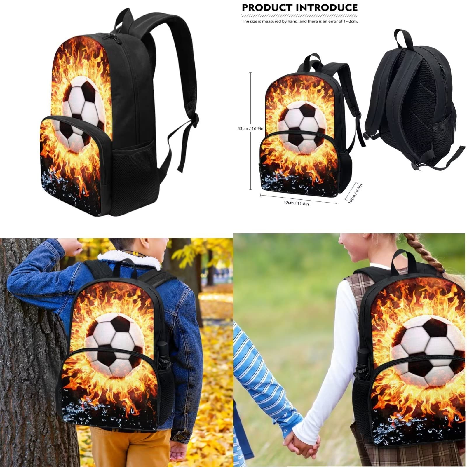 POLERO Mochila escolar de caballos para niños, juego de bolsas de almuerzo, estuche para lápices, 3 piezas, bolsas escolares, Fire Soccer, Talla única, Mochila infantil