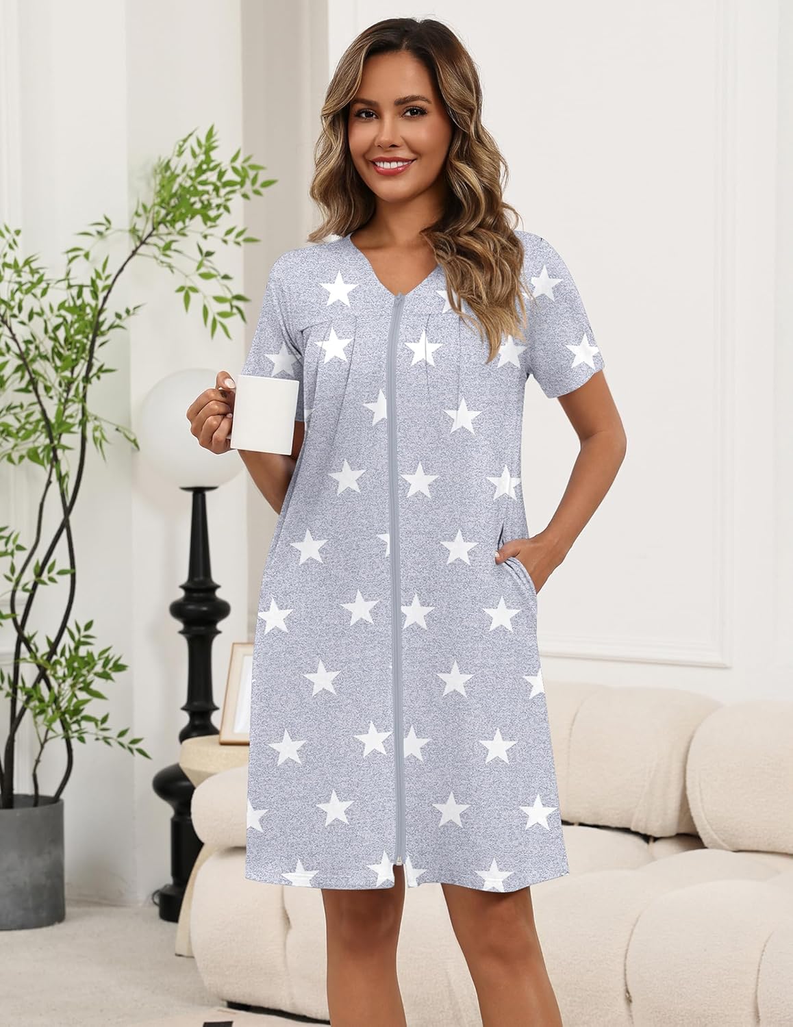 Ekouaer Zipper Robes for Women Short Knit Bathrobes Lightweight Knee Length Housecoat with Pockets Nightgown S-3XL - Image 4