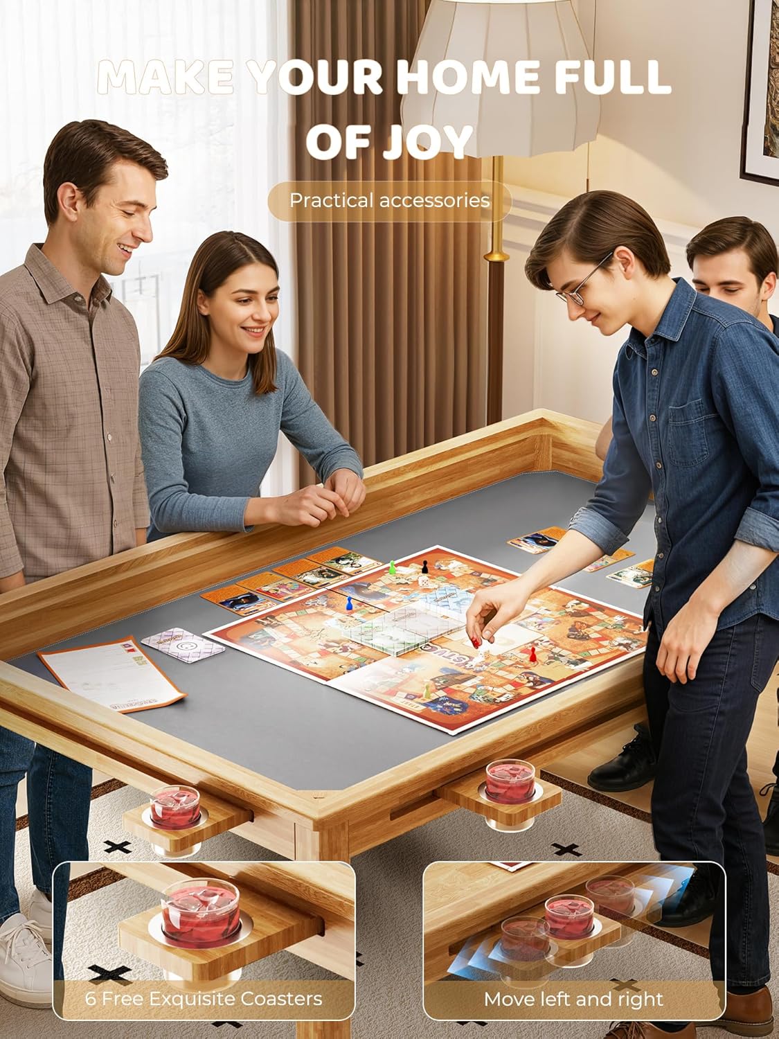Board Game Table with Removable Table Top, Solid Wood Dining/Gaming Table with 63in x 39in Play Area, Seats 4 to 6 Players, Includes Play Mat, Detachable Cup Holders and Dice Trays