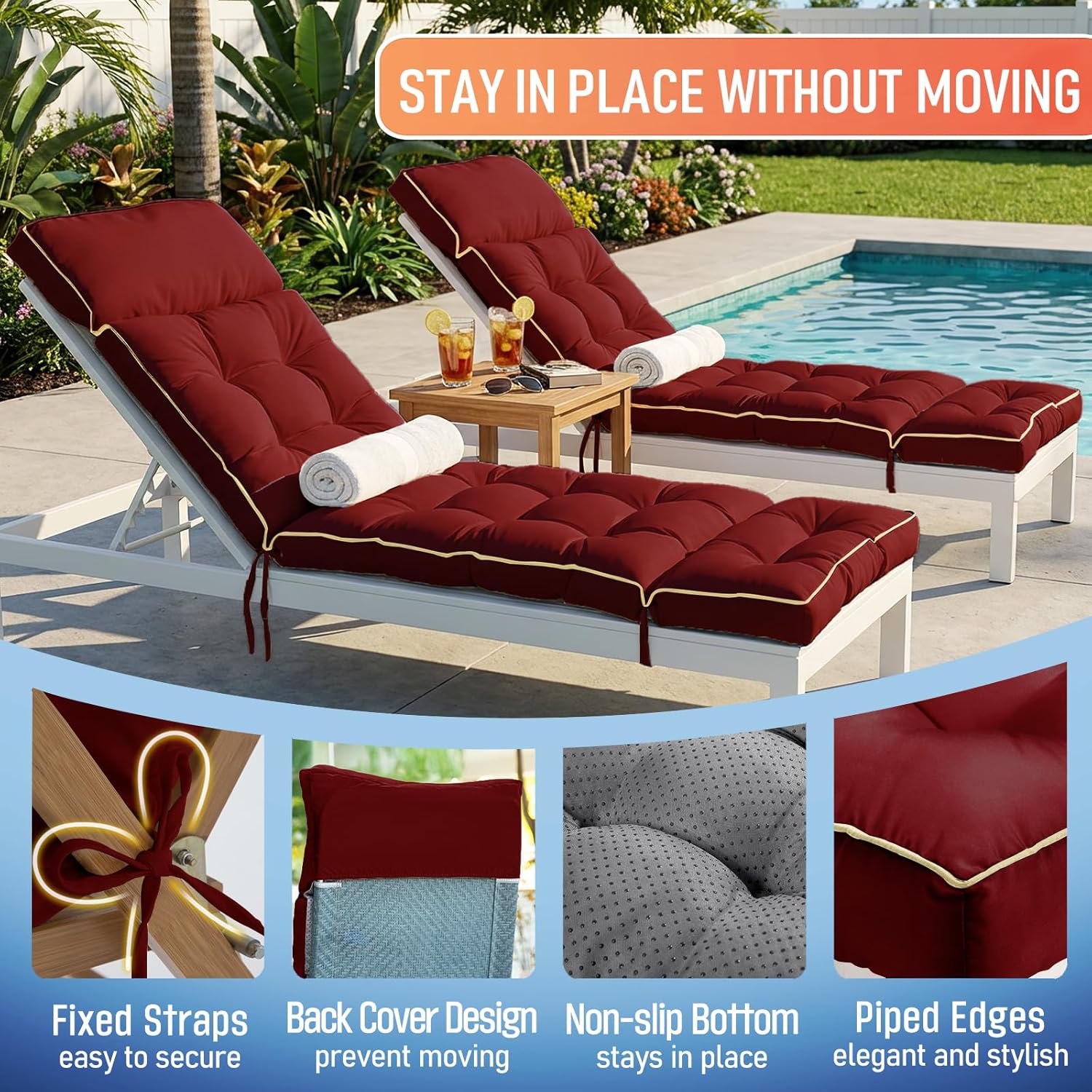 MAGIC ELEPHANT Chaise Lounge Cushion Outdoor, Memory Foam Patio Lounge Chair Cushion with Ties for Indoor Outdoor Furniture, Water-Repellent Replacement Long Chair Cushion (Burgundy)
