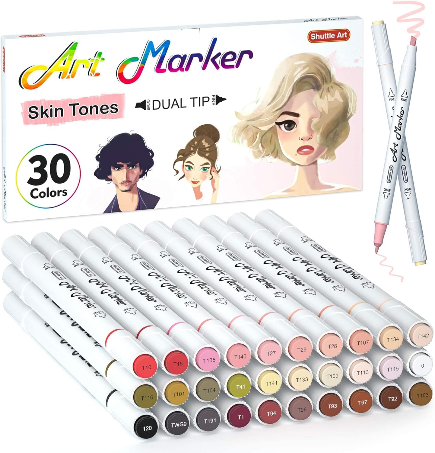 Shuttle Art Markers Bundle - 30 Color Alcohol Markers + Skin Tones