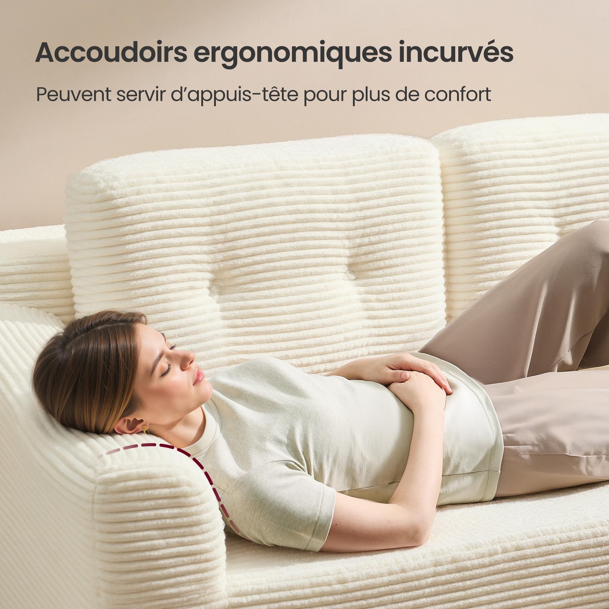 VASAGLE Canapé d’Angle, Canapé Modulable 244 cm, Livré Compressé en Colis, sans Montage, avec Grande Méridienne à Droite, pour Salon, Chambre d’Amis, Blanc Crème LCS184WD01
