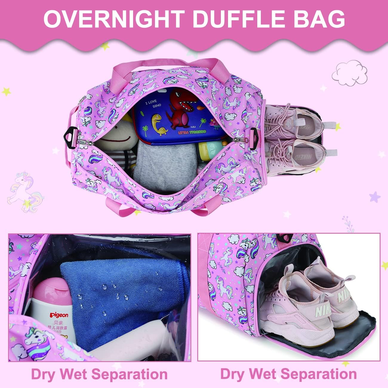 Duffle Bag for Girls,RAVUO Water Resistant Travel Overnight Weekend Bag Carry On Bag for Gym Sport Dance with Shoe Compartment and Wet Pocket Unicorn - Image 5