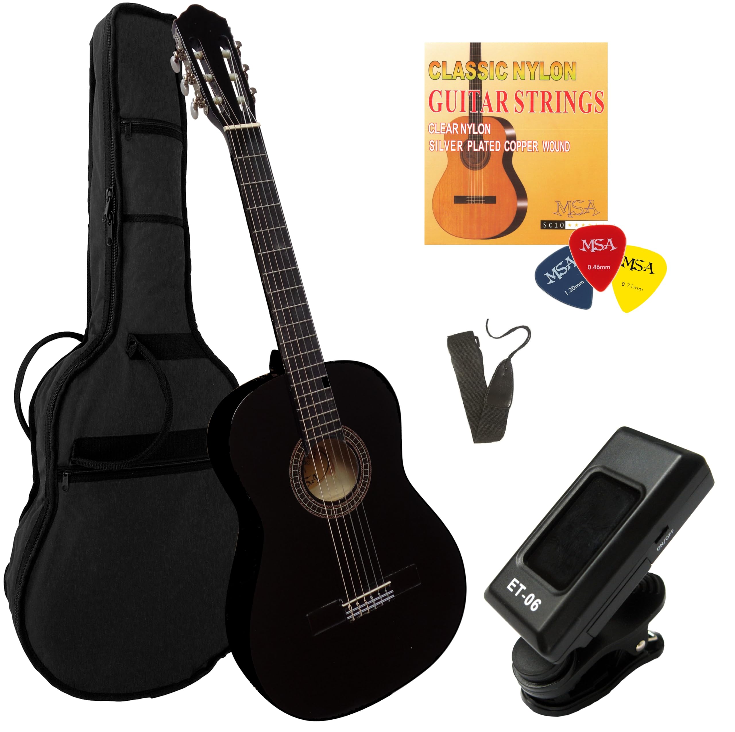4/4 Gitarre im Set - Konzertgitarre - Classic - Lindenholz - Stimmgerät - Tasche - Band - Saiten - 3xPleks (Schwarz)