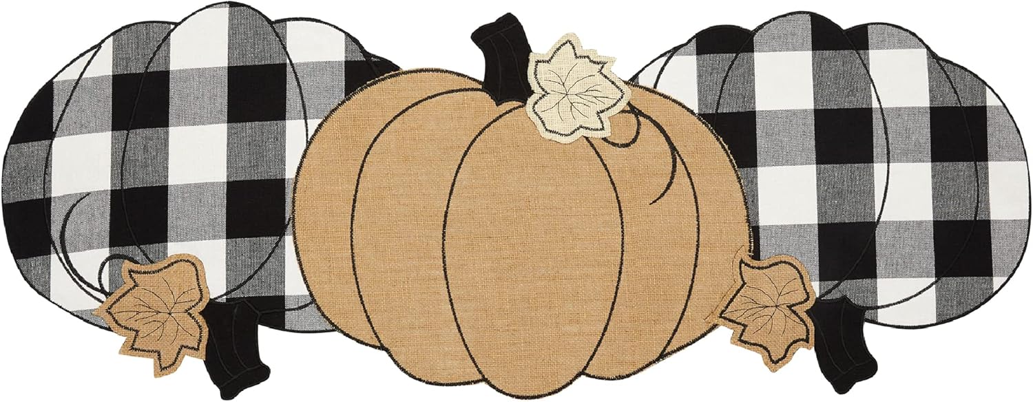 Elrene Home Fashions Burlap and Check Pumpkin Centerpiece Table Runner, 13" x 36", Black and White