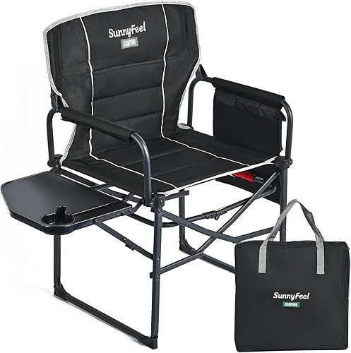 Miniatura 26 de SUNNYFEEL Silla de directores de camping, resistente, silla plegable portátil de gran tamaño con mesa auxiliar, bolsillo para playa, pesca, viaje
