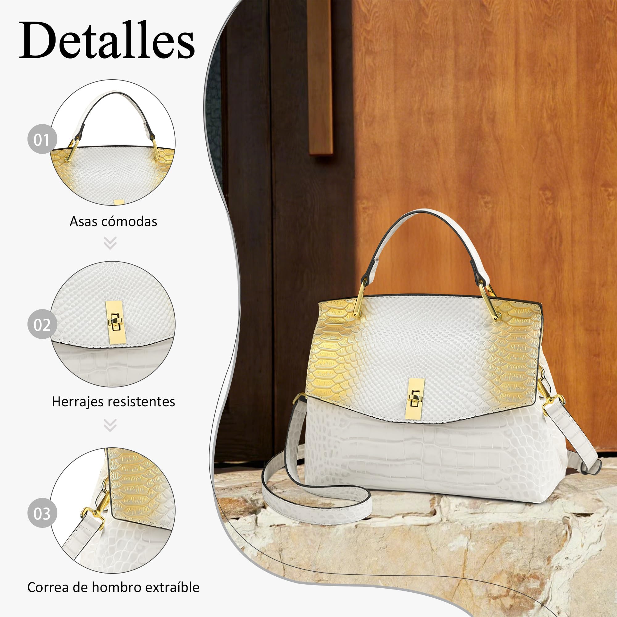 Bolso Elegante Mujer – Bolso de Viaje Casual de Piel PU con Estampado de Cocodrilo a la Moda, Multi Compartimentos & Correa Ajustable, Ideal para Trabajo, Compras y Viajes (Blanco Dorado)