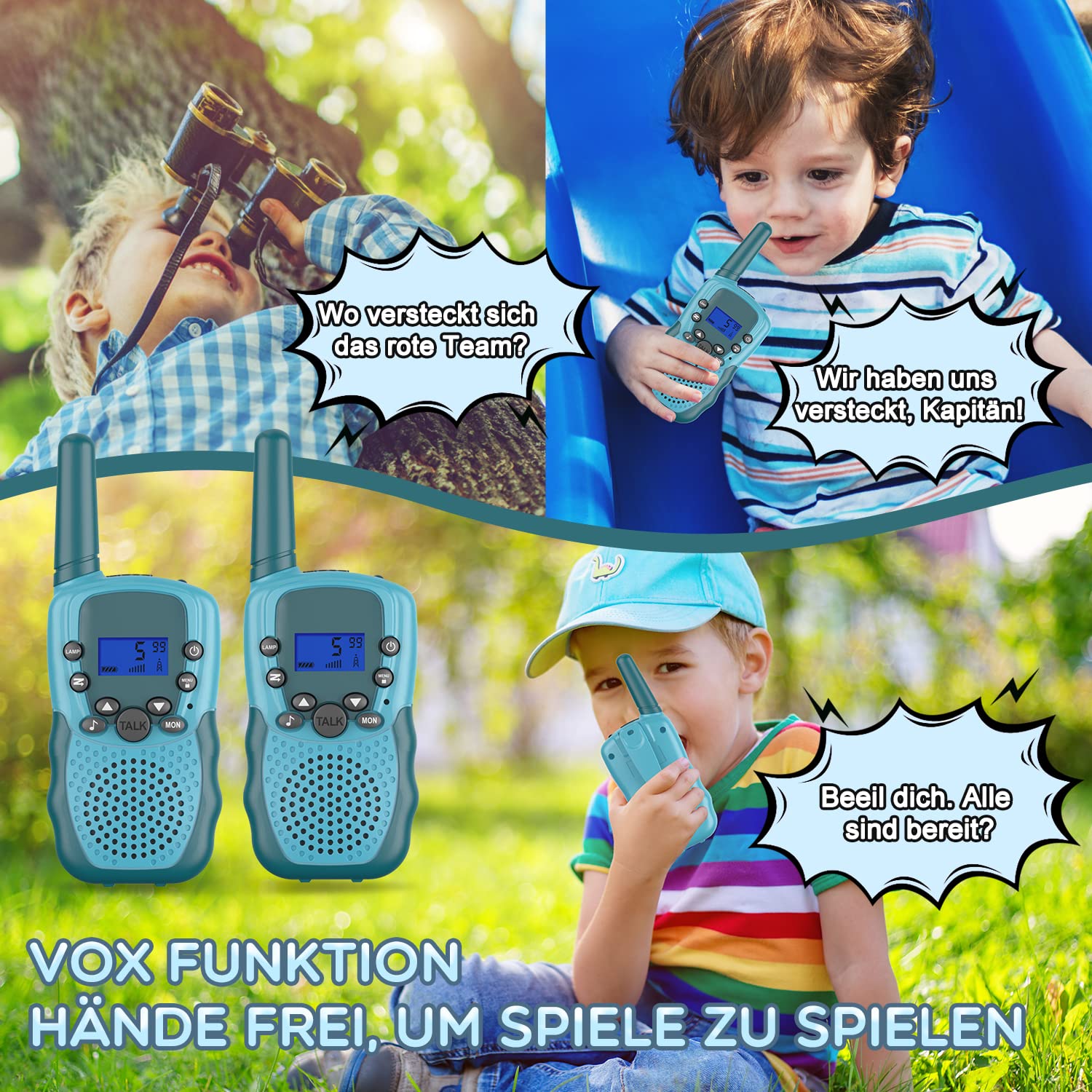 Walkie Talkie Kinder ab 3-12 Jahre, Aufladbar mit 8 Kanäle, Funkgerät Wiederaufladbar mit LED Taschenlampe, VOX Funktion, Klare Stimme für Abenteuer, Camping, Wandern