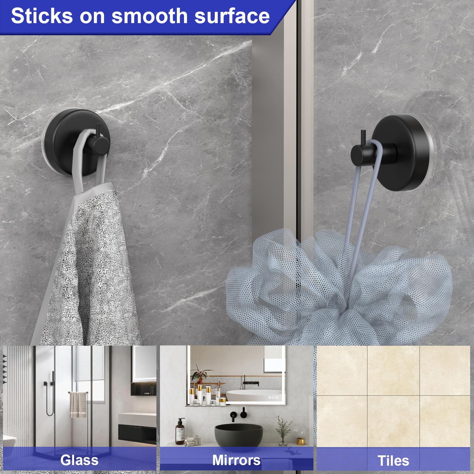 HUFEEOH Ganchos con ventosa para ducha, paquete de 4 ganchos extraíbles para toallas para ducha interior, ganchos de toalla sin taladrar para baño, ducha, montaje en pared (negro)