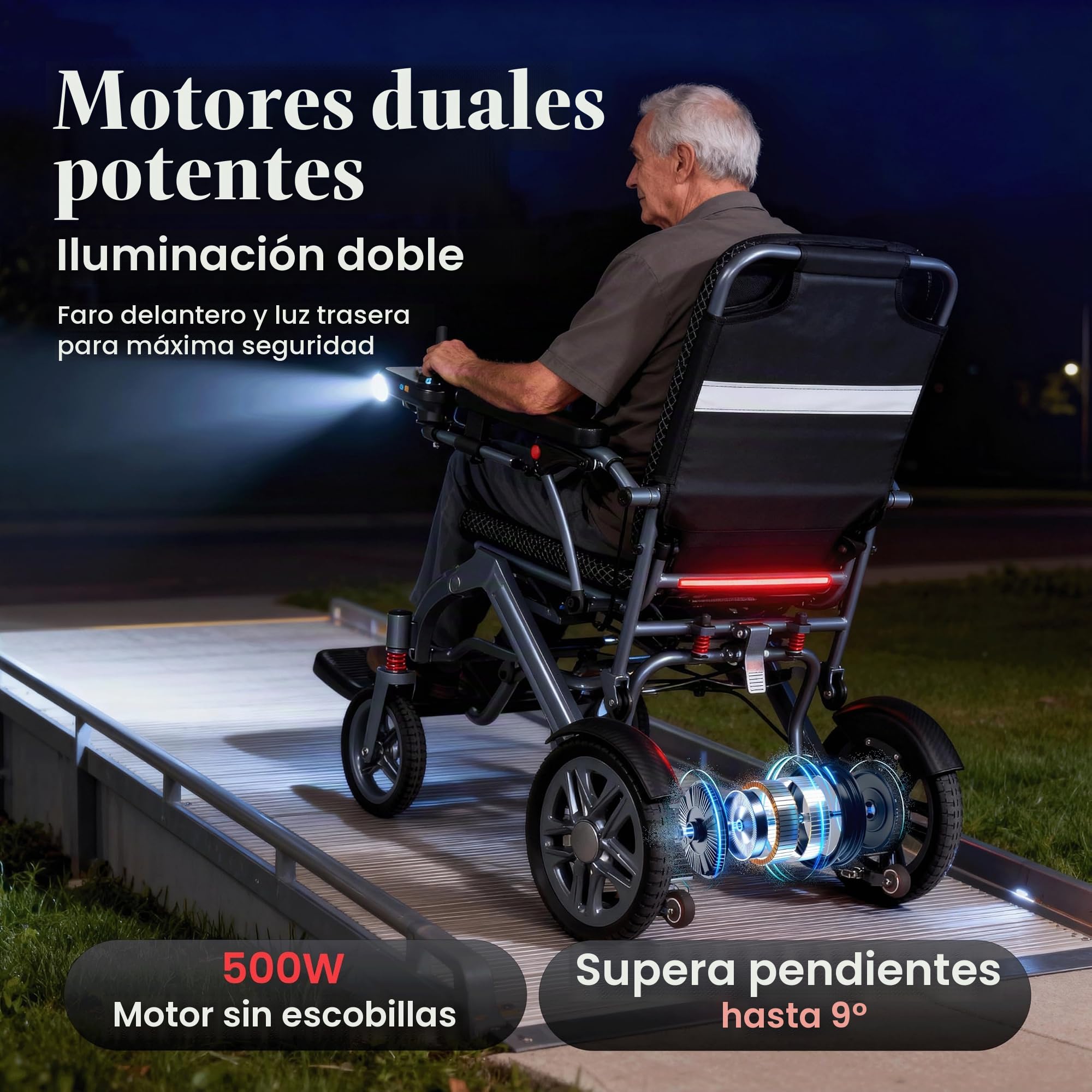 Silla de ruedas eléctrica plegable con batería doble, ligera, 48KM, con neumáticos de goma para todo terreno, iluminación frontal y trasera, aprobada para aviones