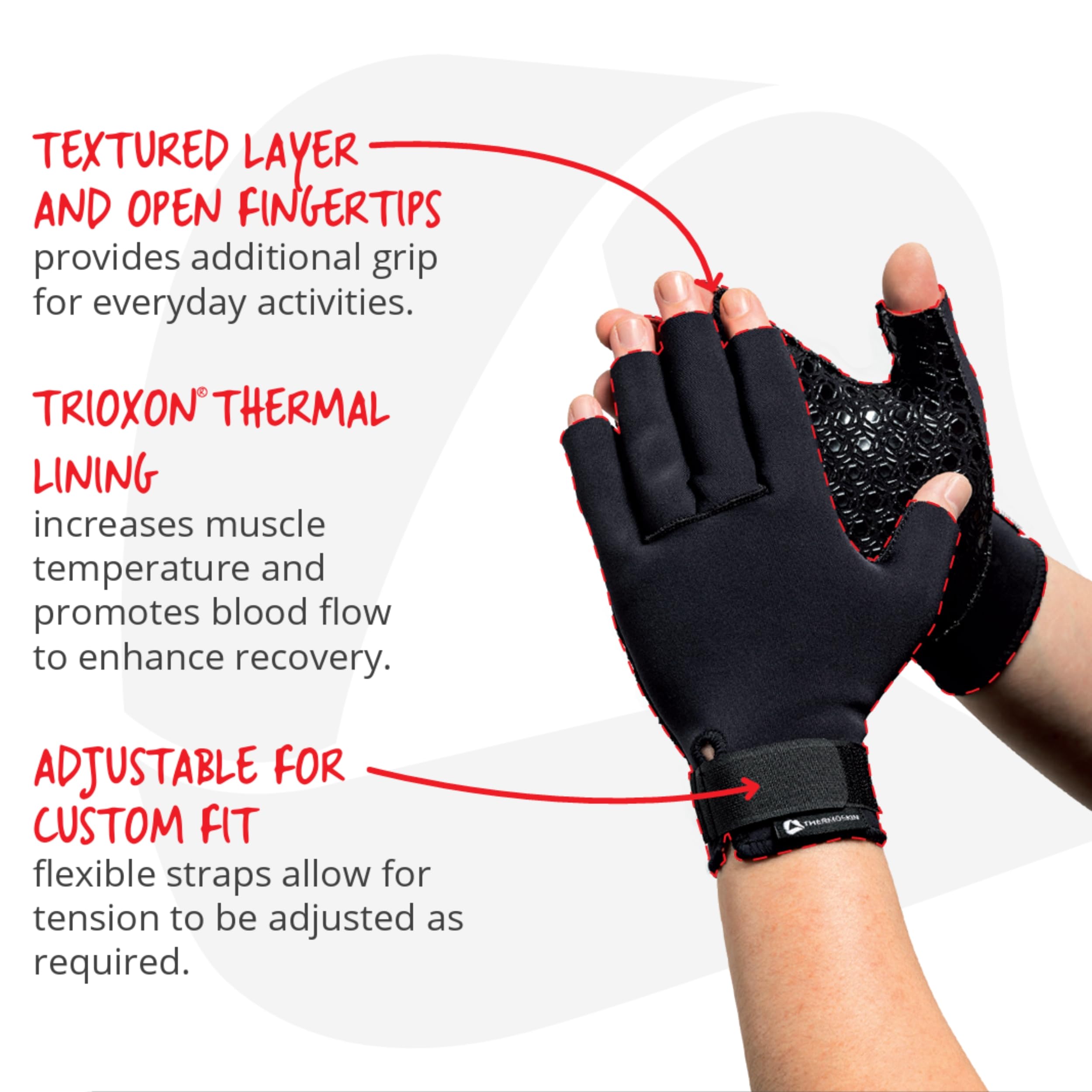 Thermoskin Arthrose Handschuhe fingerlose Kompressionshandschuhe mit Trioxon Thermofutter, Schmerzlinderung Arthritis, anatomisch geformt für Damen und Herren, Schwarz, 1 Paar