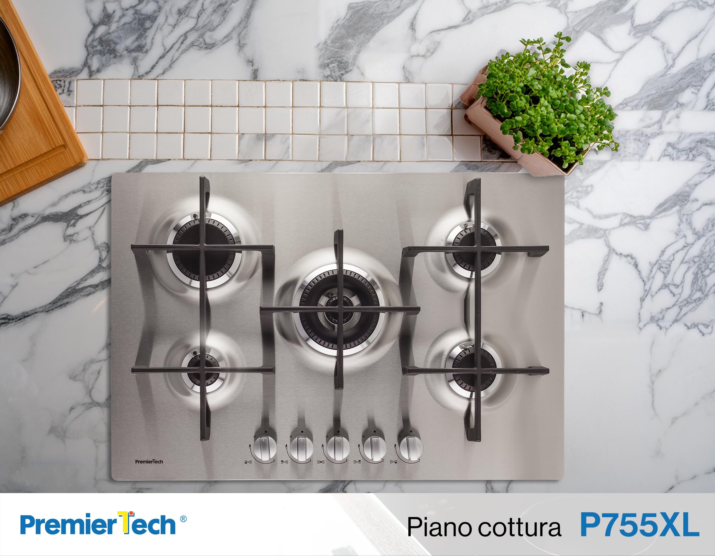 PremierTech Piano Cottura a Gas 5 fuochi, 75cm, Supporti in Ghisa Professionali, Ugelli Metano e Kit GPL Inclusi, Manopole Alluminio, Da Incasso, Acciaio Inox, Design Esclusivo 3D, PT755LX