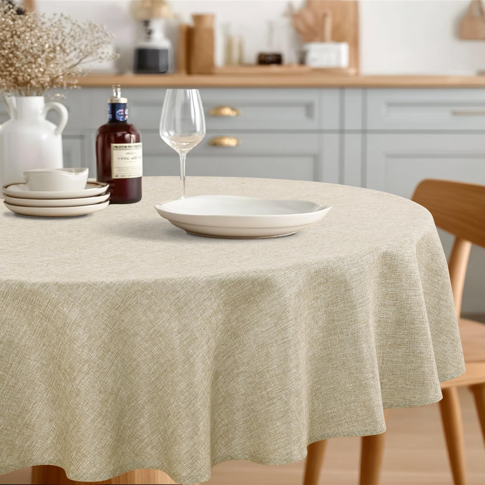 JIUZHEN Round Table Cloth Faux Linen Farmhouse Tablecloth Wrinkle and Stain Resistant Decorative Fabric Table Cover for Kitchen, Dining Room, Parties