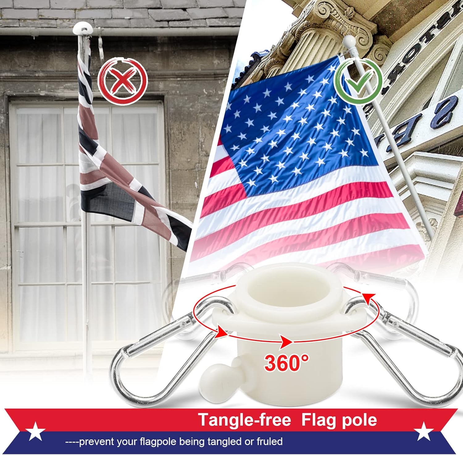 House Flag Pole With American Flag - Flagpoles Residential Kit with 6ft Tangle Free Metal Flag Pole,3x5 Embroidered US Flag,Holder Bracket,Heavy Duty Flag Poles for Outside House,Porch,Outdoor-White
