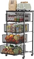 Yociyoga 4-Tier Rolling Kitchen Storage Cart with Wooden Top, Lockable Wheels & Pull-Out Mesh Drawers for Fruits Veggies Snacks