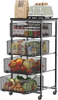 4-Tier Fruit Vegetable Storage Cart - Kitchen Organizer and Storage Cart with Wheels, Wooden Top Metal Wire Fruit Vegetable Rack Stand with Drawers to Storage Cans Snacks for Kitchen(Patent Pending)