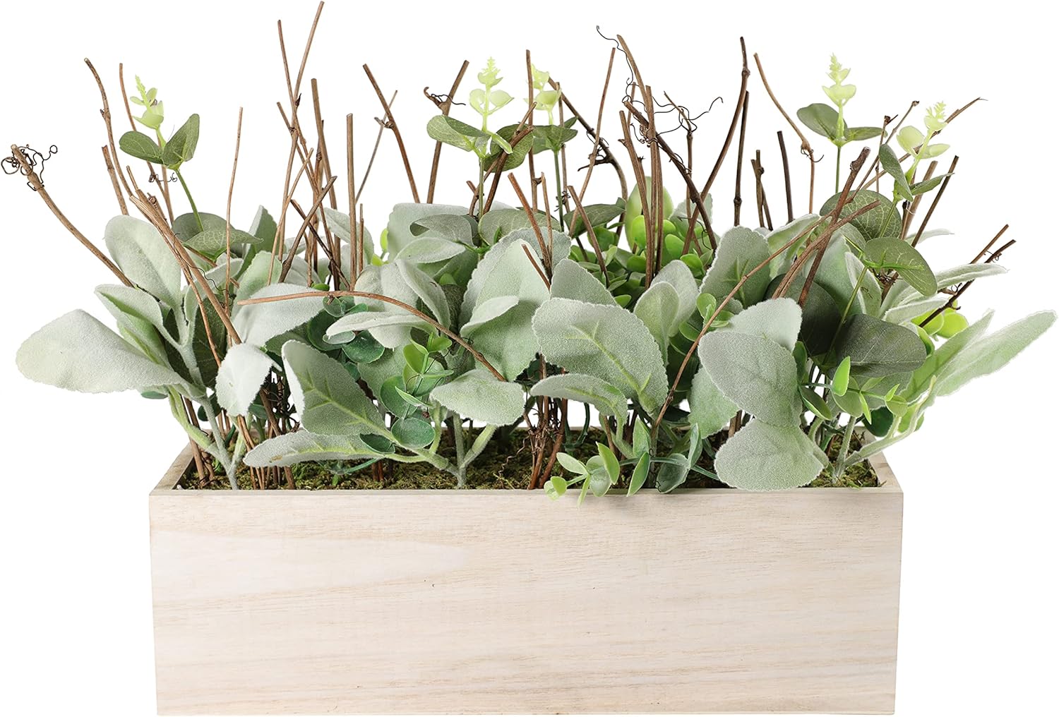 11" Lambs Ear Centerpiece with Twigs & Greenery Leaves in Wood Planter