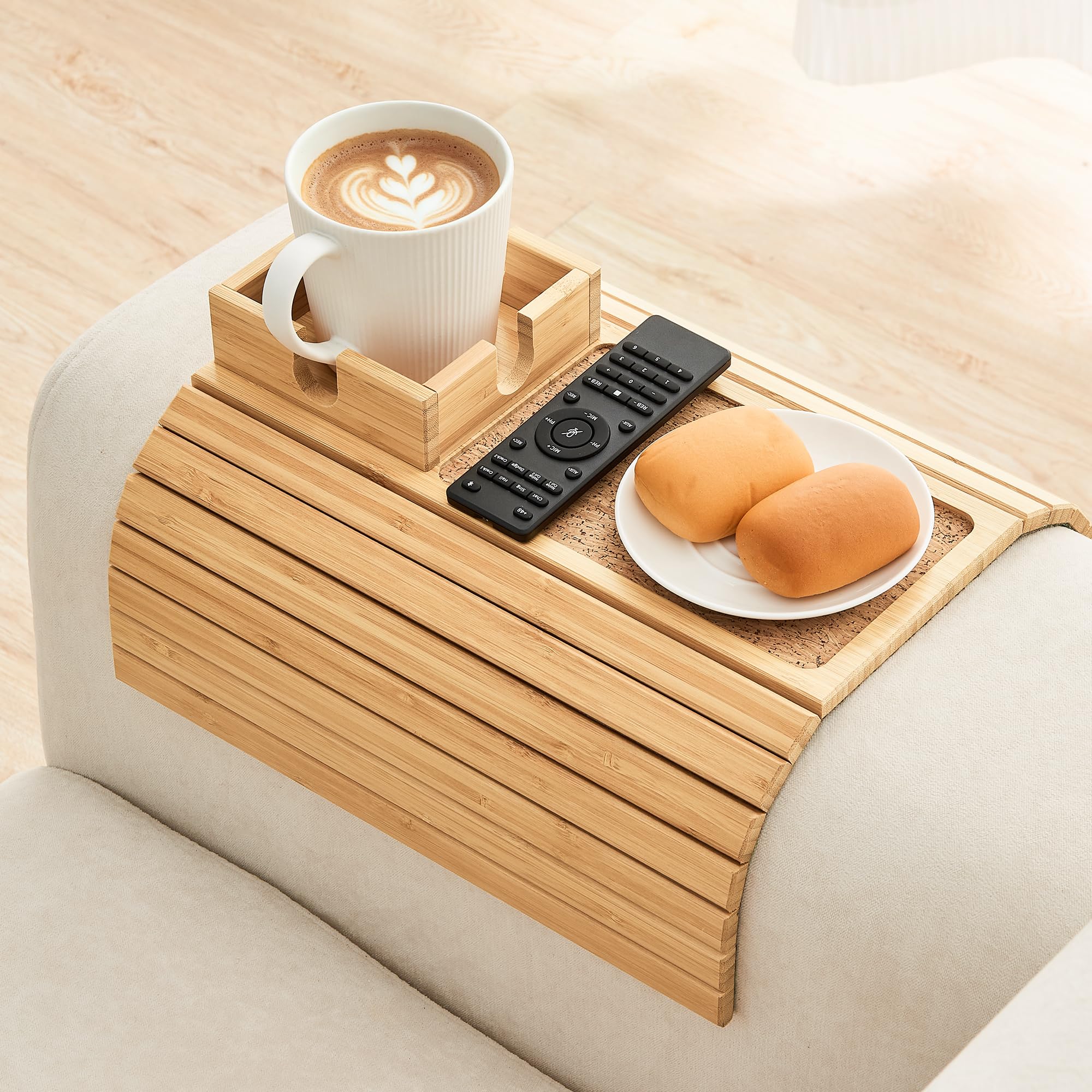 LOVYANXUE Bamboo Sofa Arm Tray Table, Foldable Couch Cup Holder, Anti-Slip Wide Couch Arm Tray Aremrest Table for Drink, Cup, Remote, Snacks, Cellphone, Portable, Bamboo/Cork Color
