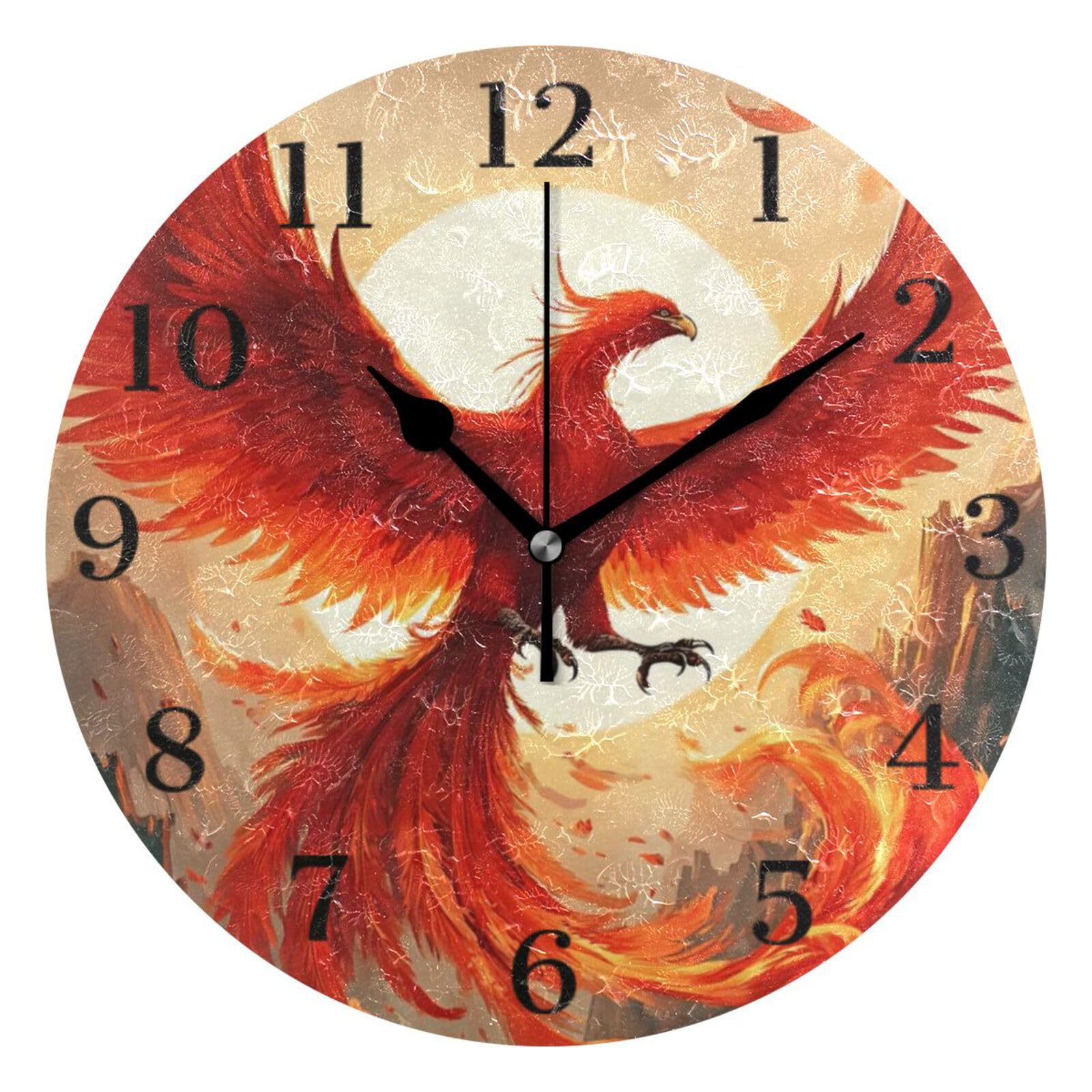 Ensound Beautiful Phoenix Wall Clock Silent Non-Ticking Battery Operated Clocks 12 Inch for Kitchen Home Living Room