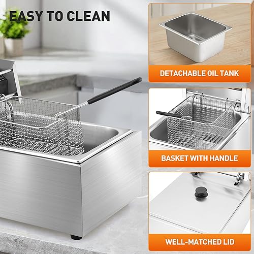 Miniatura 9 de Rengue Freidora profunda con cesta y tapa, freidora de pollo de acero inoxidable para encimera de 10 l, freidora eléctrica de temperatura ajustable