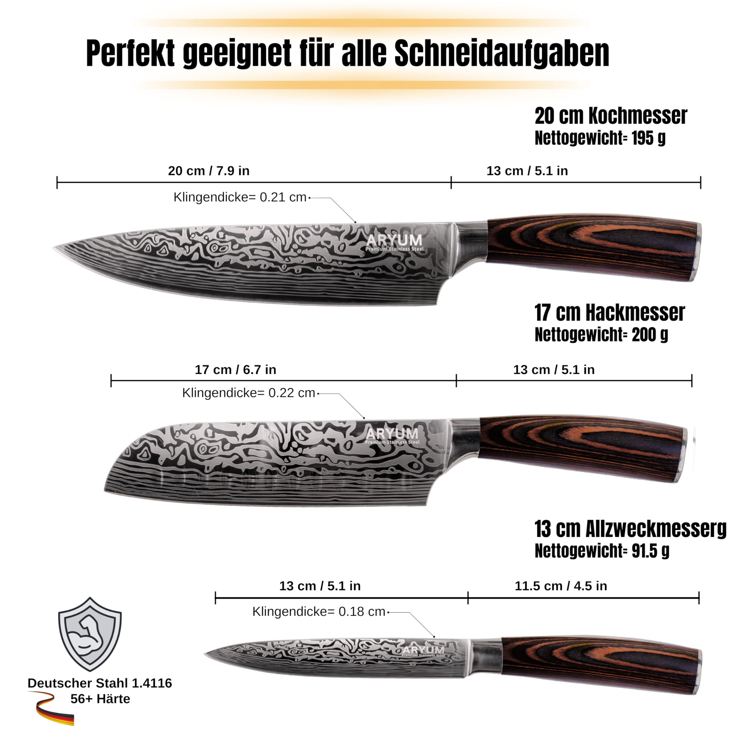 Aryum Messerset, 3-teiliges Küchenmesser Set aus hochwertigem deutschem Edelstahl 1.4116, Kochmesser Set mit Chefmesser Santokumesser Allzweckmesser. Scharfes Messer Set mit Pakkaholz Griff