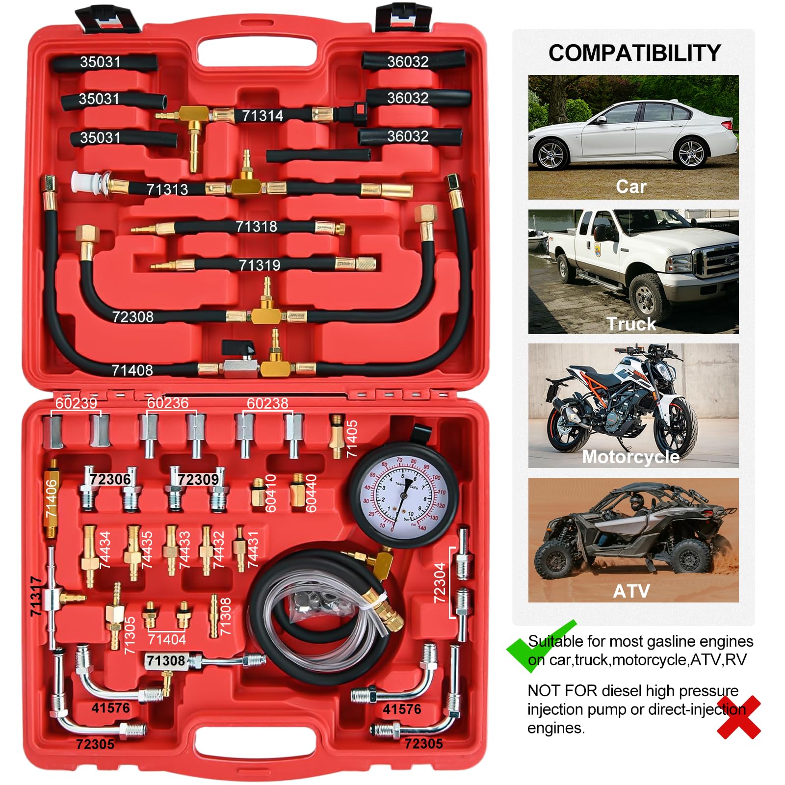BOOMSTART 45tlg Professionelles Benzindruck Messgerät, 140 psi 10 bar Kraftstoffdruck Messgerät, Universell Kraftstoffdruckprüfer Benzindruckmesser Benzindruck Manometer für Auto LKW Fahrzeuge