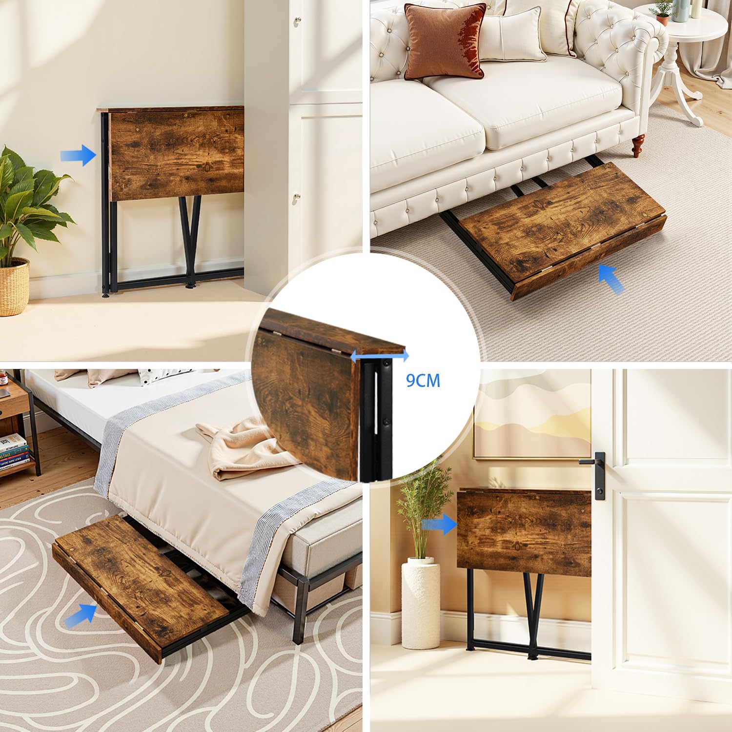 MEUBLE Cosy Escritorio Plegable con Ruedas Mesa de Ordenador para Ahorrar Espacio Oficina Hogar Estudio, Estructura de Acero, Industrial, Montaje Sencillo, Marrón