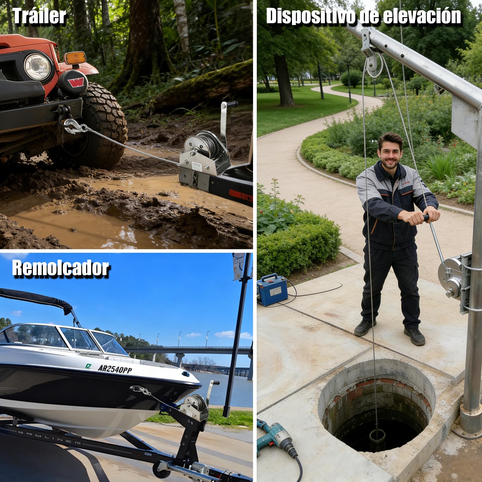 Cabrestante manual 1200lb | Cable de acero inoxidable | Polipasto manual con freno automático | Relación de transmisión 4:1 | Cabrestante de Remolque para barco, trailer, caza, uso pesado (1)