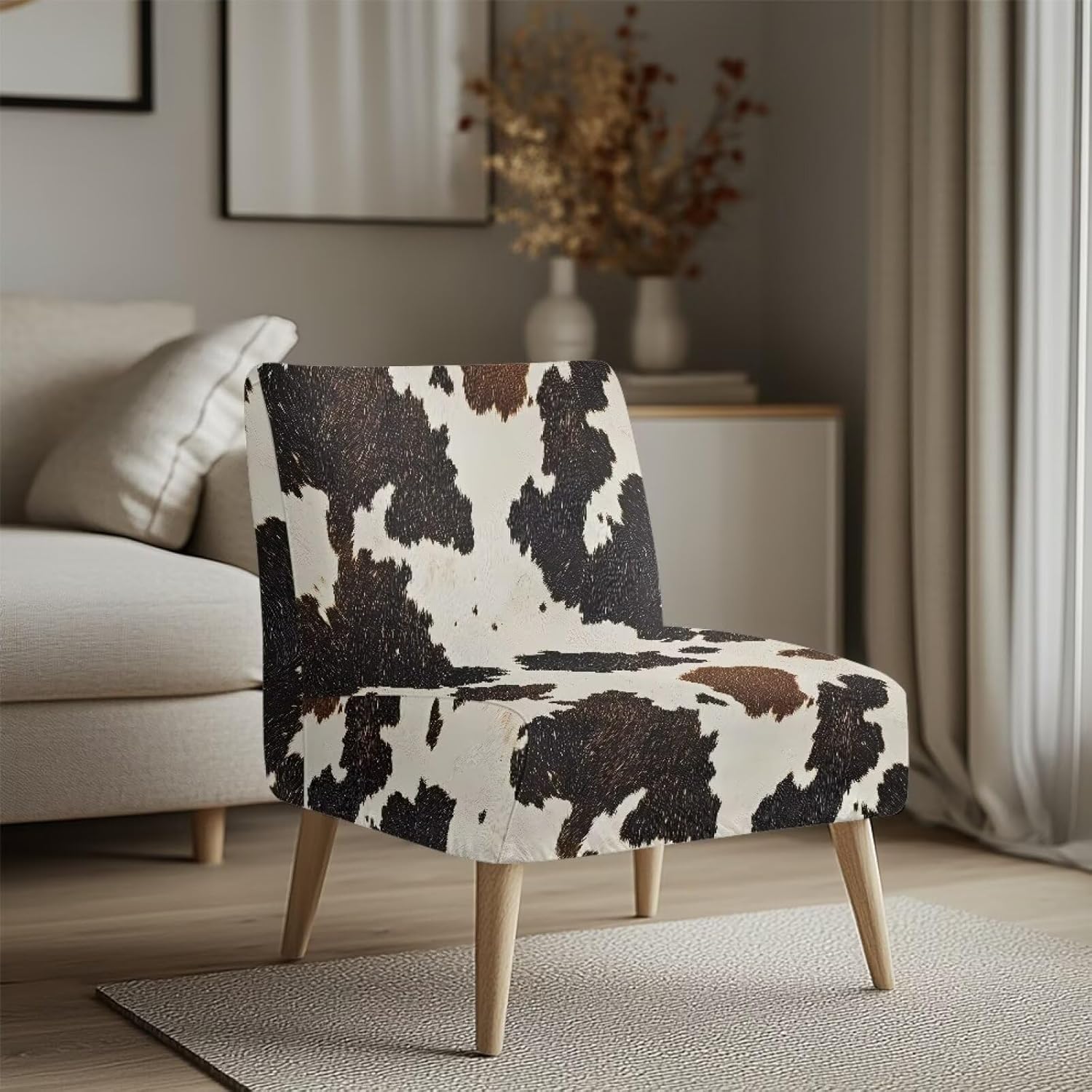 Merkmak Milk Cow Print Armless Accent Chair Cover Slipcovers Brown Armless Couch Chair Cover Non Slip Single Sofa Protective Slipcover Without Arms for Farmhouse Furniture Protector