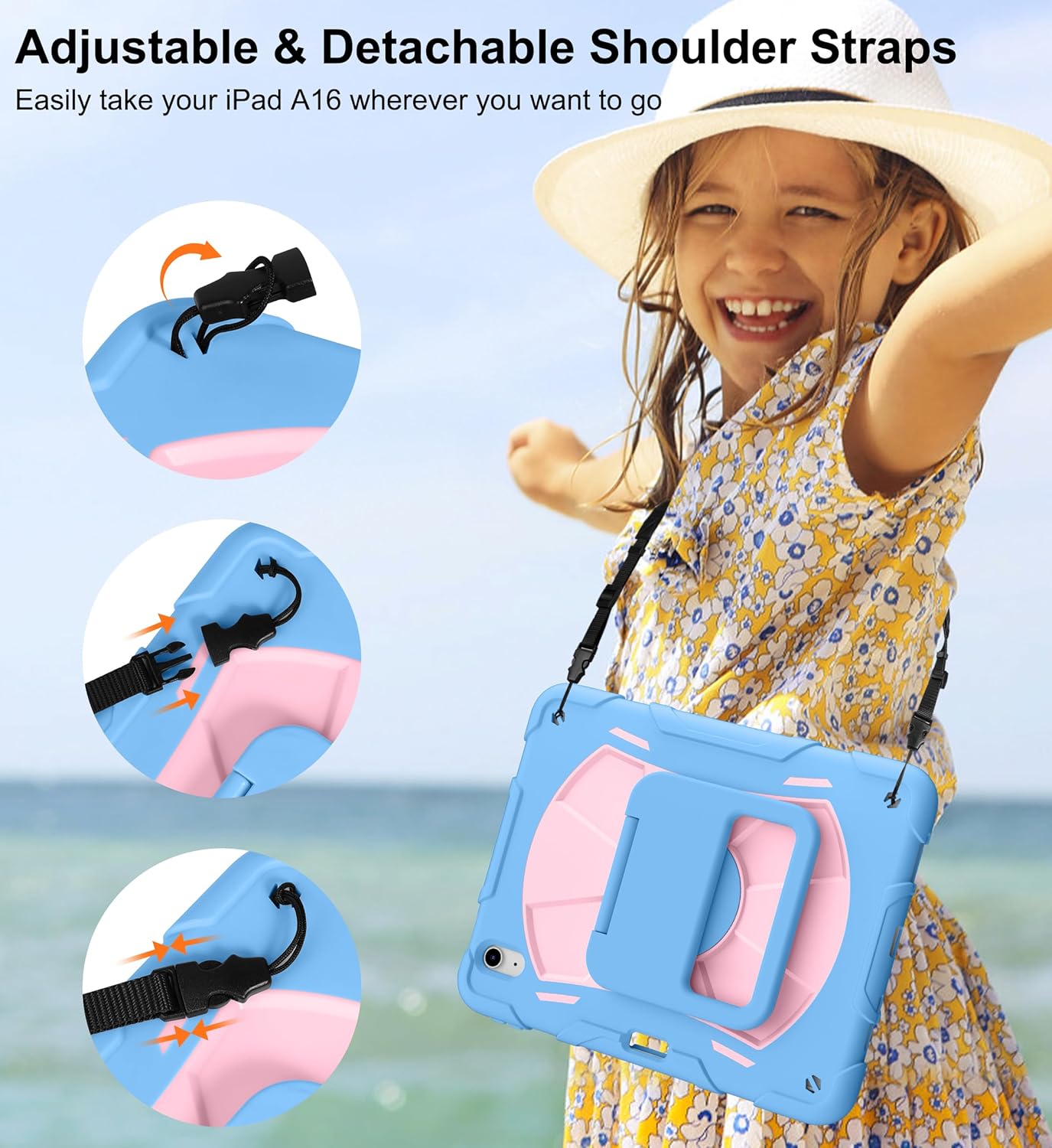 DTTO for iPad A16 Case, iPad 11th / 10th Generation Case (2025/2022), 360 Degree Rotating Stand Full-Body Drop Protection Case with Pencil Holder and Shoulder Strap for Kids, Blue Pink