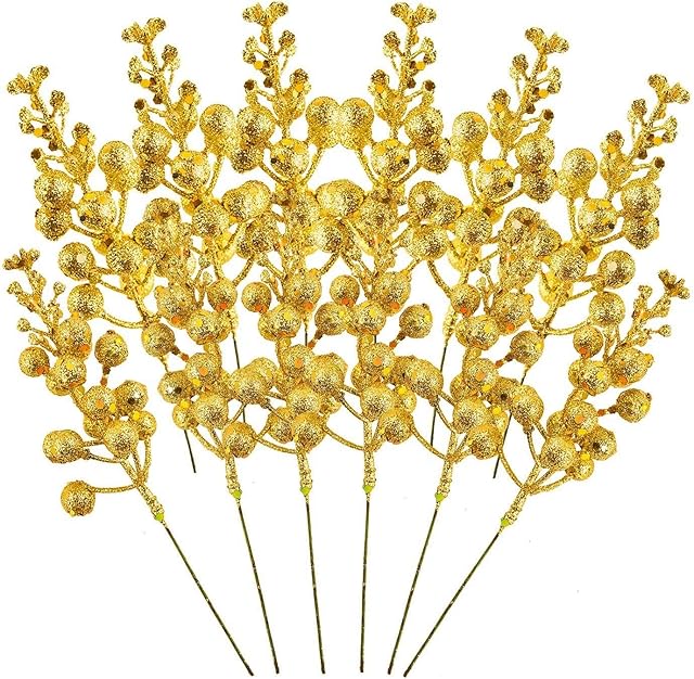 LATERN 14Pcs Christmas Glitter Berries Stems, 19CM Artificial Christmas Picks Simulation Holly Berries Pine Branch for Christmas Tree Ornaments, DIY Xmas Wreath, Holiday and Home Decor (Gold)
