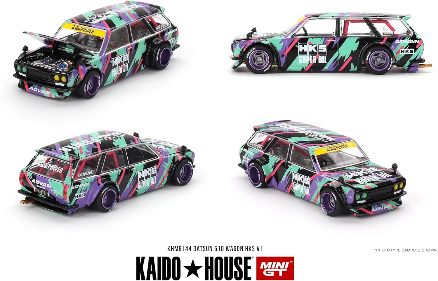 Diecast Collectibles Model Car Compatible with Kaido House 1:64 Datsun KAIDO 510 Wagon HKS V1 Oil Splash Pattern Limited Edition KHMG144