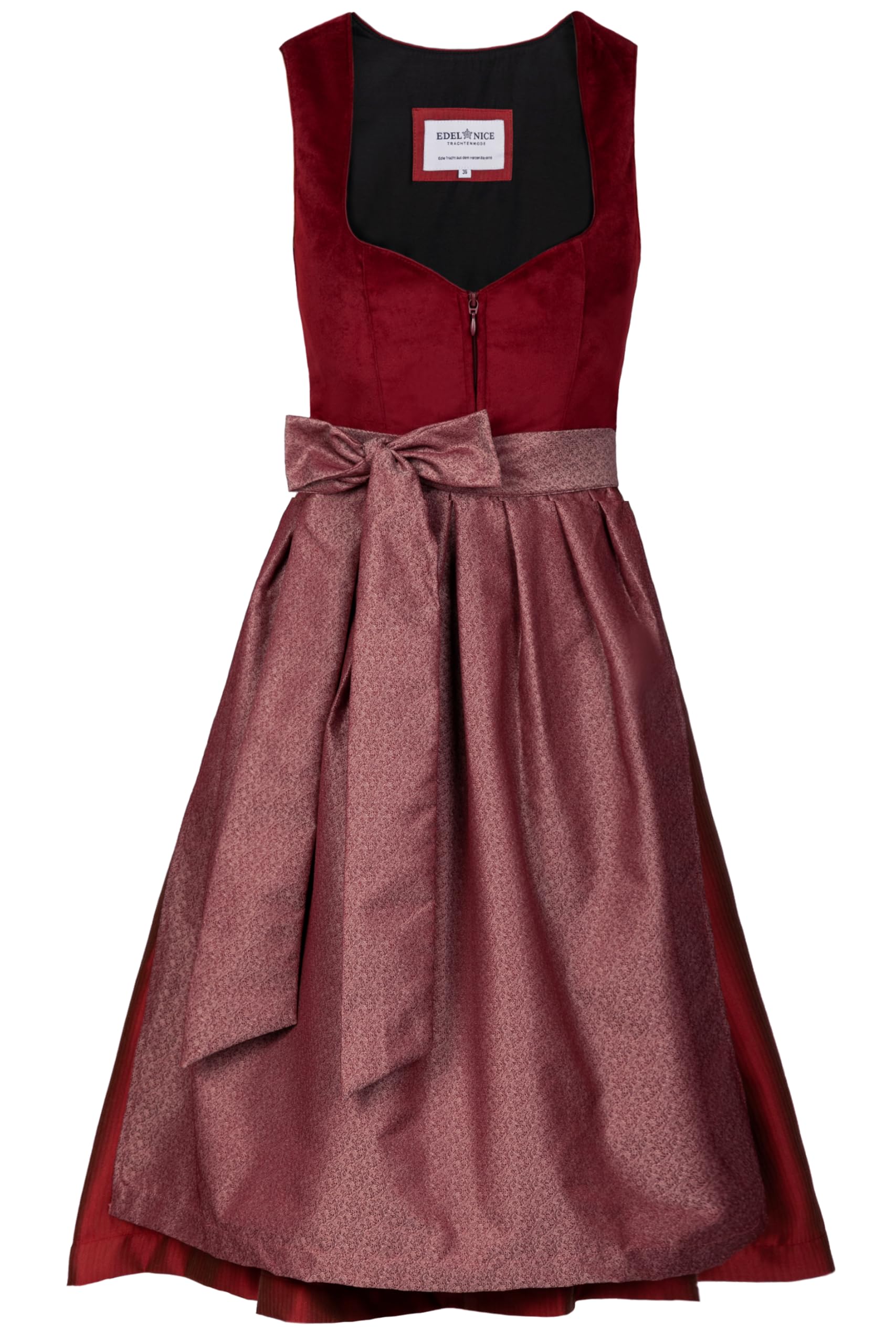 Edelnice Trachtenmode Exklusives Designer Midi Dirndl Luise Samt Rot inkl. Dirndlschürze Gr. 32-54