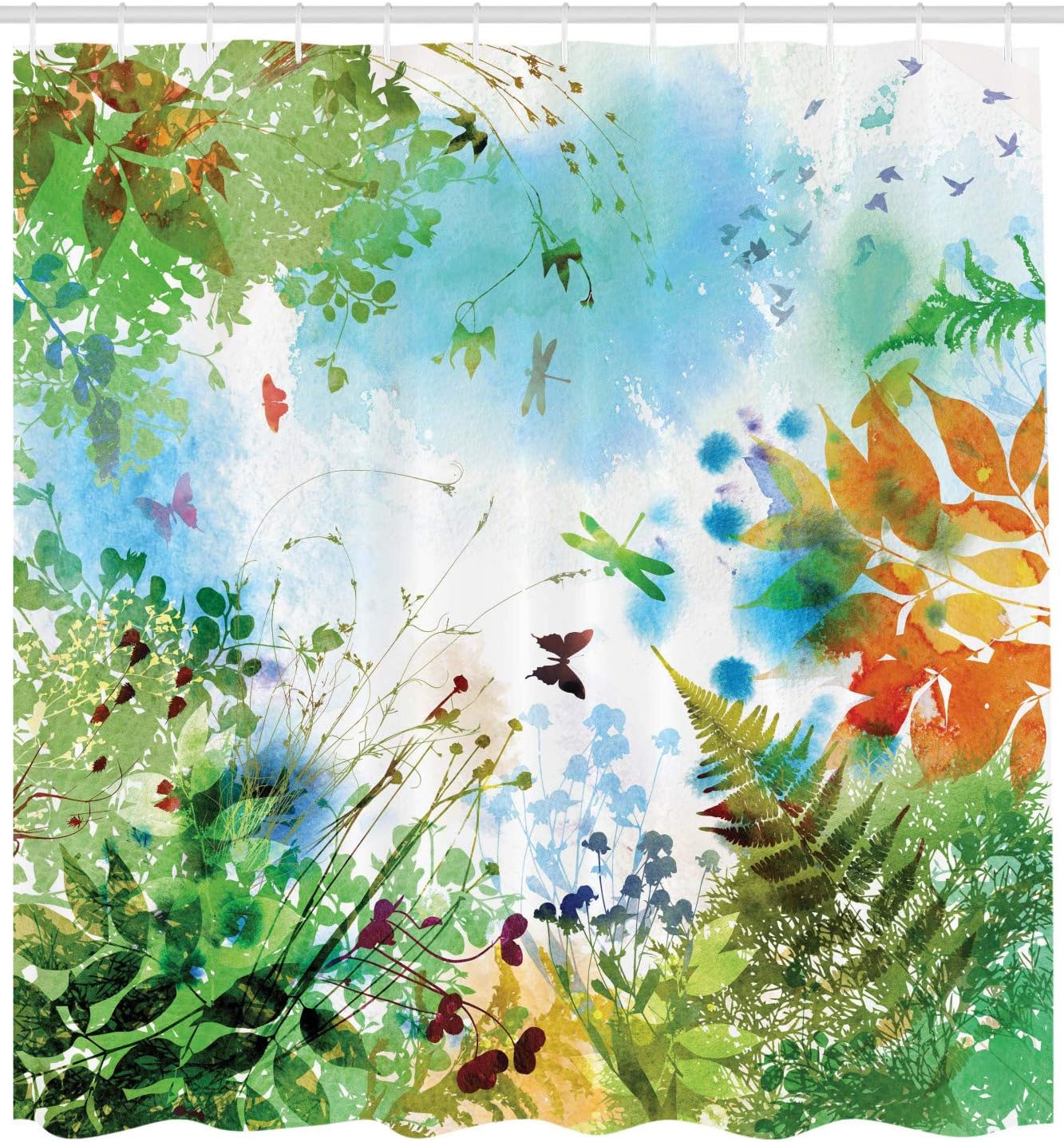 Ambesonne Dragonfly Shower Curtain, Ferns Petals Flourishing Nature Fantasy Complex Mixed Digital Watercolors, Cloth Fabric Bathroom Decor Set with Hooks, 69" W x 75" L, Fern Green Soft Blue Apricot