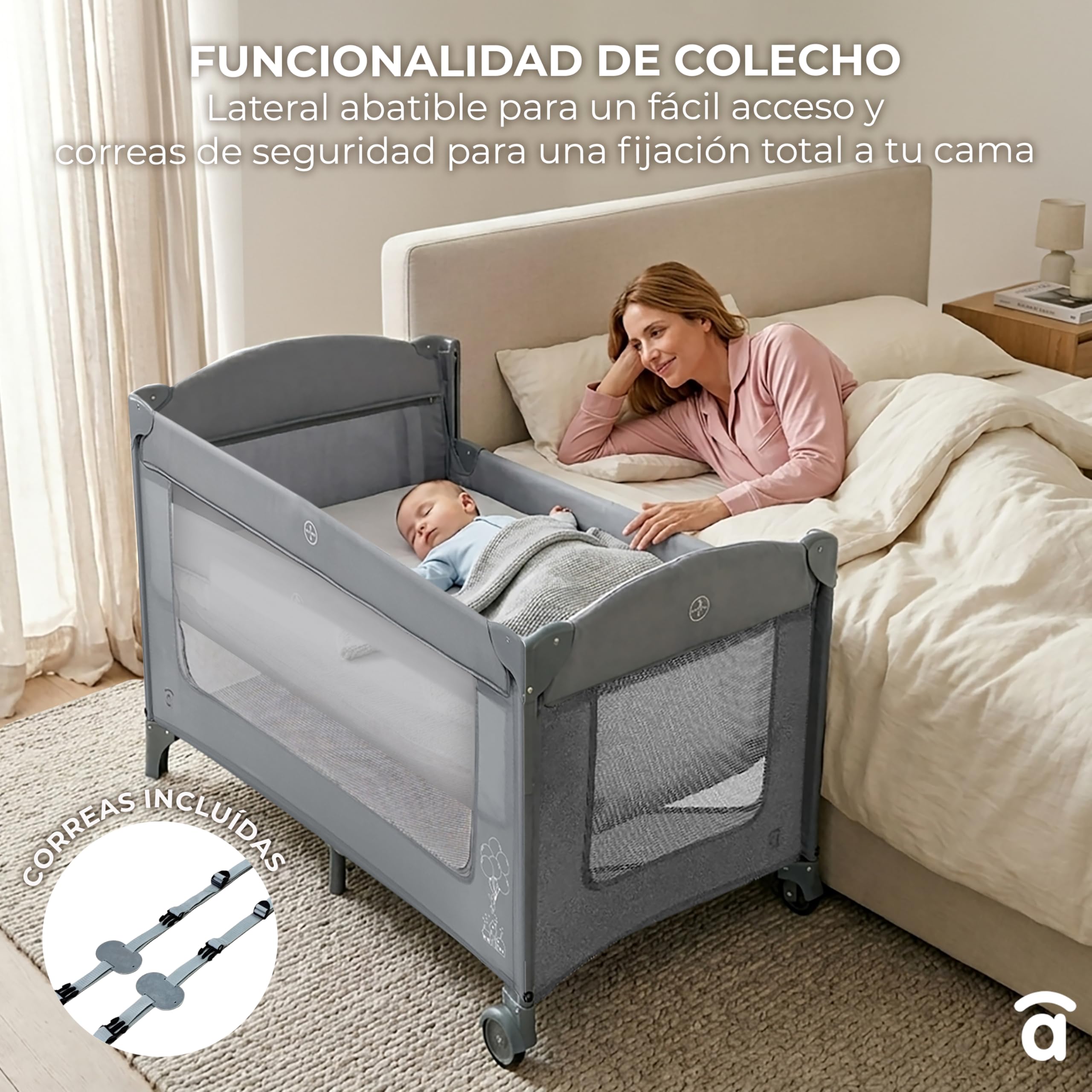 Asalvo Cuna de Viaje Colecho Together 2 en 1 – Cuna Bebé Plegable con Doble Altura, Correas de Seguridad, Ruedas con Freno y Bolsa Transporte – Desde Nacimiento hasta 15 kg – Gris
