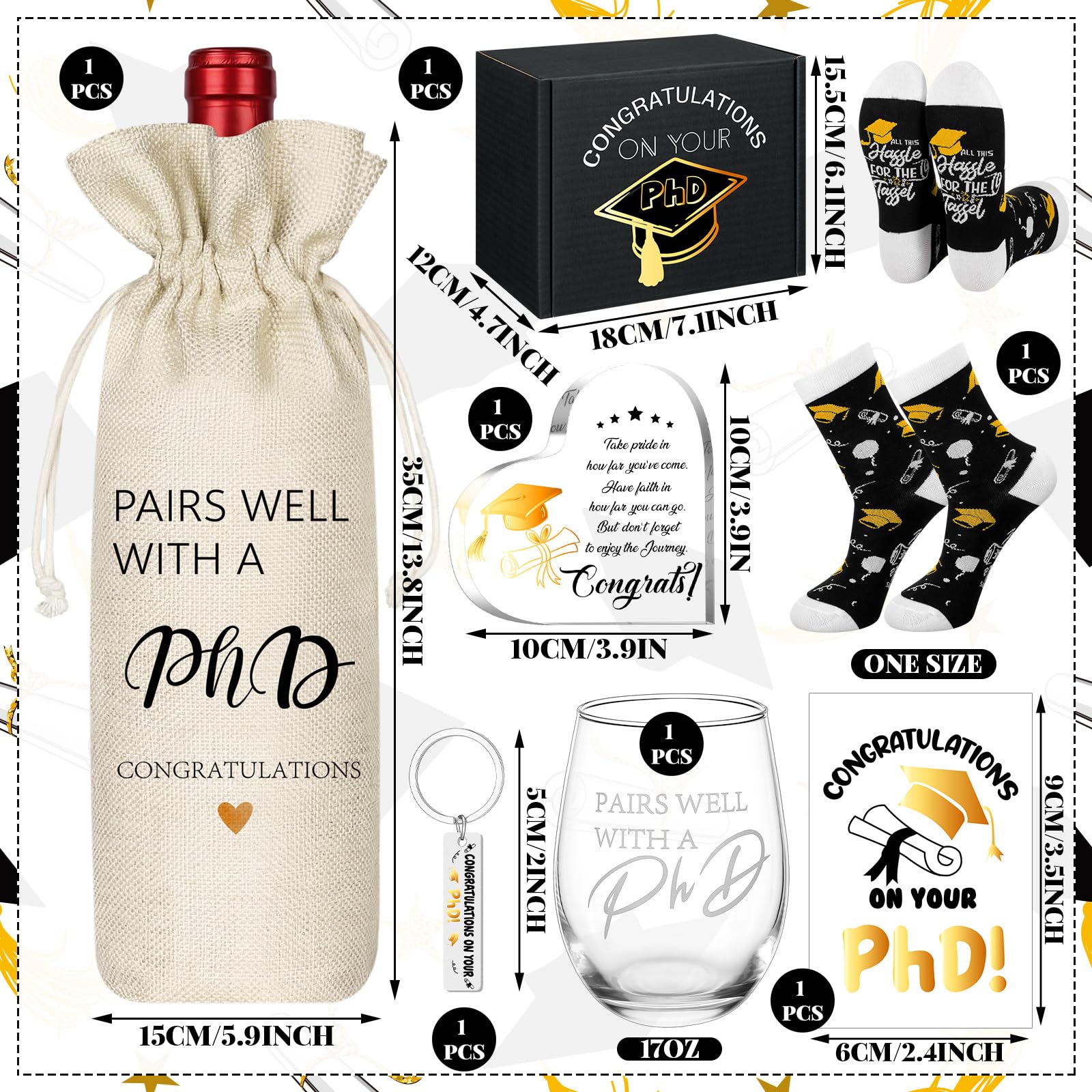 Chunful 7 Pcs PhD Graduation Gifts Doctorate Graduation Gift Set for Women, 17oz Wine Glass Wine Bag Keychain Acrylic Keepsake Socks Greeting Card & Box Funny Pairs Well with a PhD Gifts
