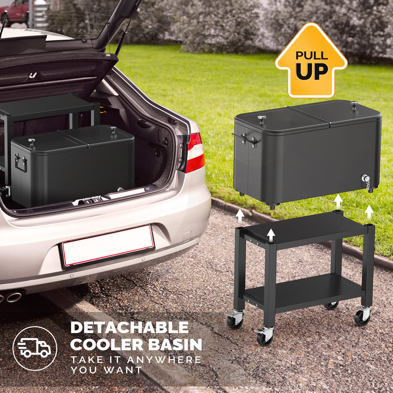 Bonnlo 57L Servierwagen mit Rollen, Beistellwagen, Patio-Kühlwagen, Kühlbox, Getränkekühler mit Flaschenöffner, Praktisch für Outdoor-Partys und BBQs, 35,5 x 66 x 81 cm, Schwarz